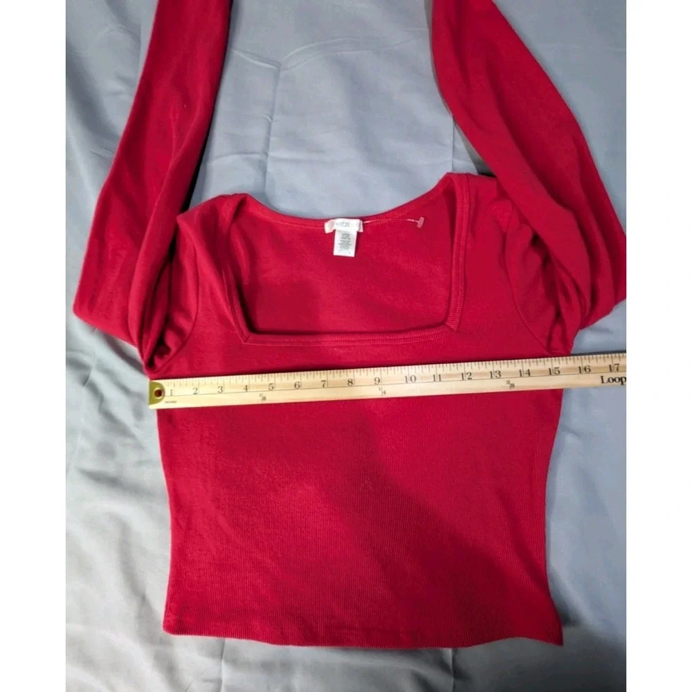 Bozzolo Crop Top Long Sleeve Red Ribbed Square Neck Shirt‎ Size LCotton Blend